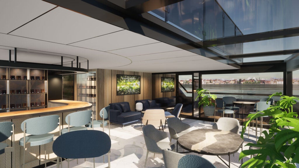 render of a lounge bar designed by tillberg design of sweden on transcend cruise's new river ship