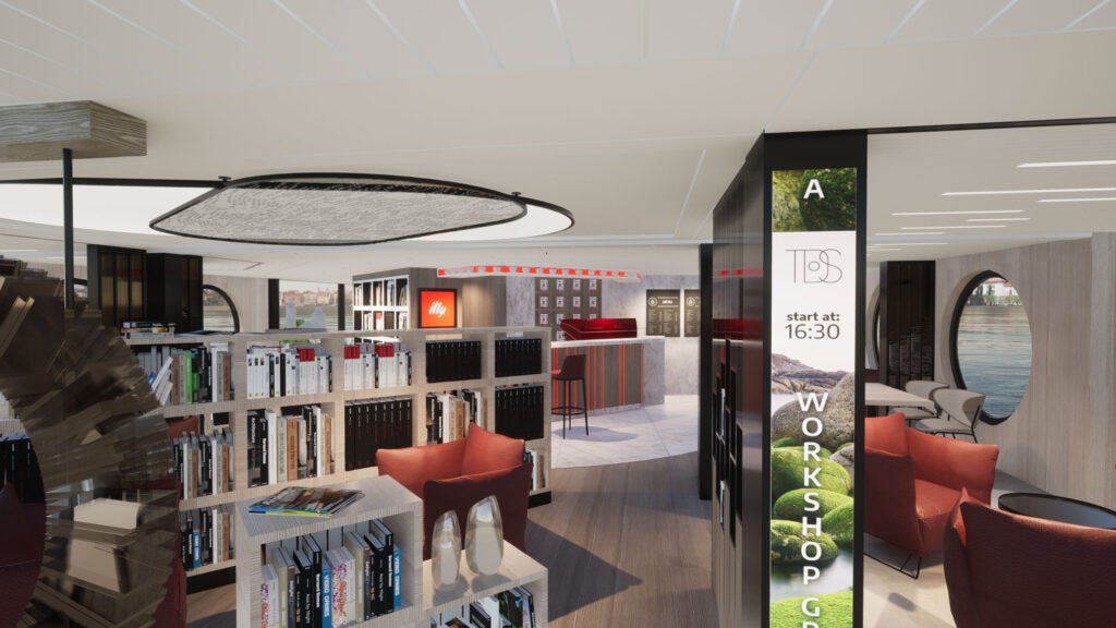 render of an library with coffee bar on the new Transcend vessel