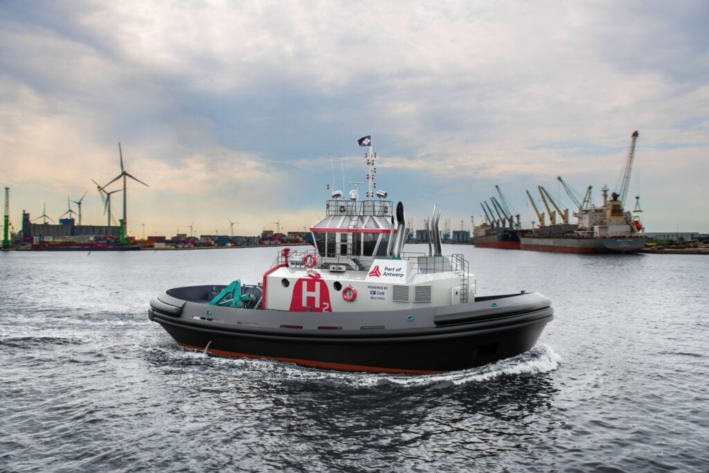 Render of the hydrogen powered tug, hydrotug, that will be used at the port of antwerp-bruges
