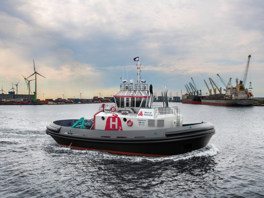 Render of the hydrogen powered tug, hydrotug, that will be used at the port of antwerp-bruges