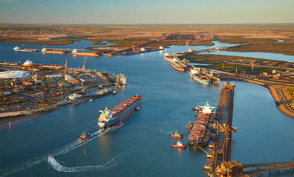 Aerial photo showing container ships in Port Hedland Inner Harbor, Australia