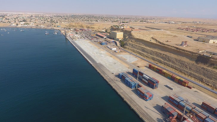 Aerial photo of Namibe Bay Integrated Development, a port project in Angola