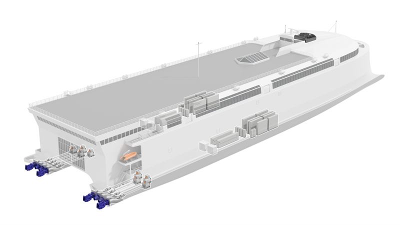 A cross-section diagram of the electric ferry highlighting the engines at the rear and middle of the bottom of the ship