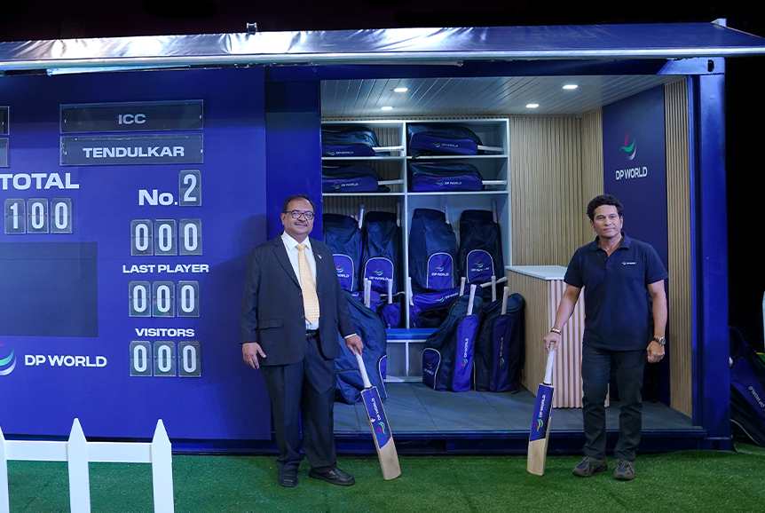 Tendulkar (right) poses with the re-purposed cricket containers. Credit: DP World