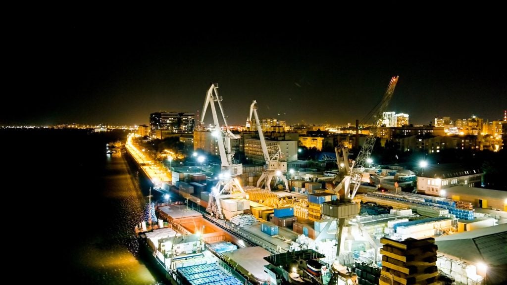 An aerial view of the Caspian Sea Astrakhan Port in Russia