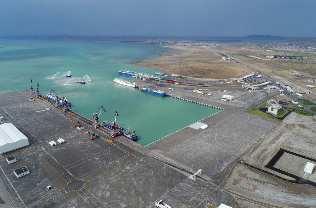 An aerial view of the Caspian Sea Port Baku International Sea Trade Port in Azerbaijan