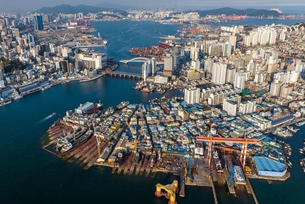 Aerial view of Busan Port at night, the busiest container port in South Korea