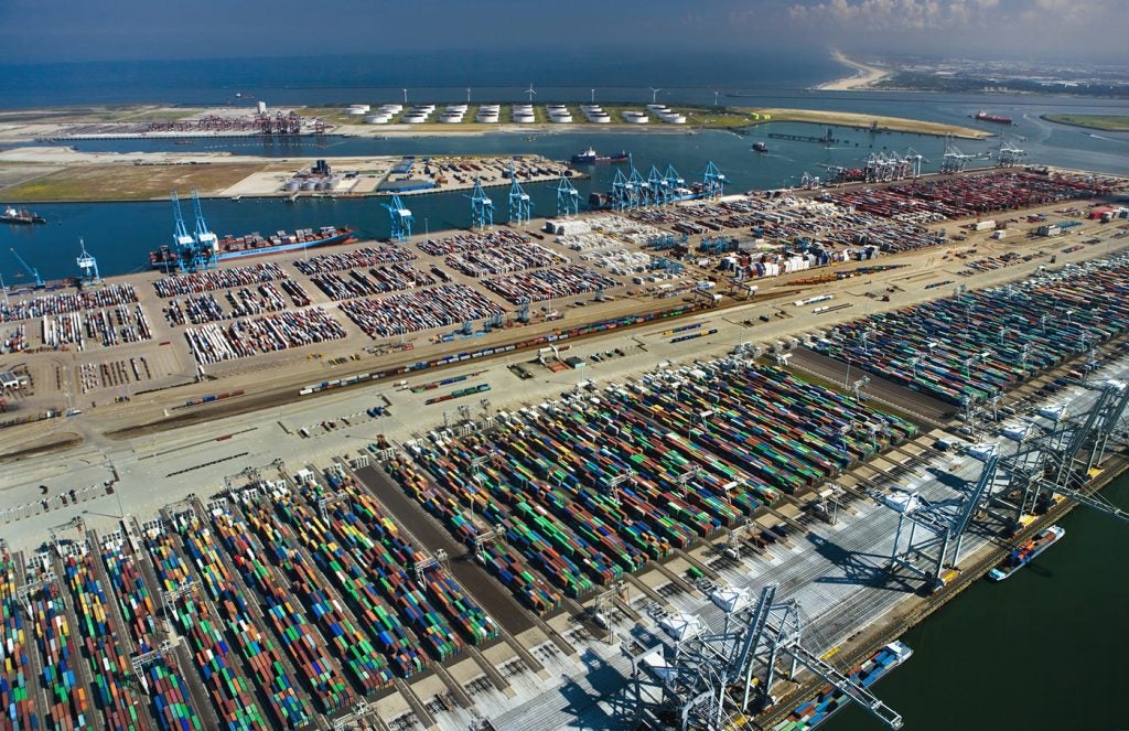 Aerial view of Rotterdam Port at night, the busiest container port in Europe