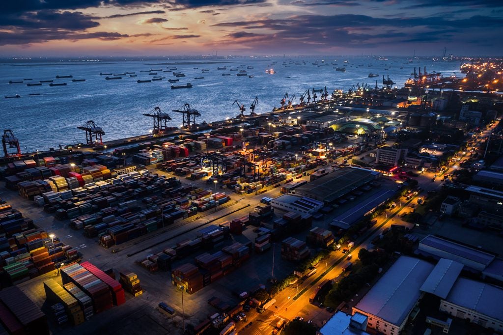 Aerial view of Shanghai Port at night, the busiest container port in the world